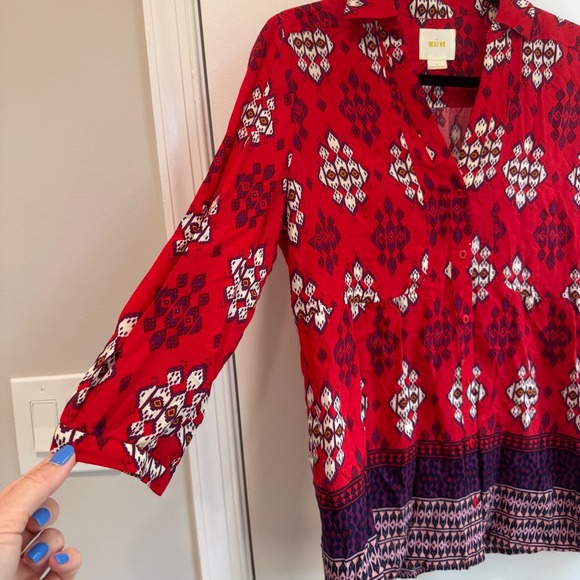 Maeve Anthropologie Tunic Top Blouse Button Down Geometric Print Red Size 4 - Picture 6 of 8